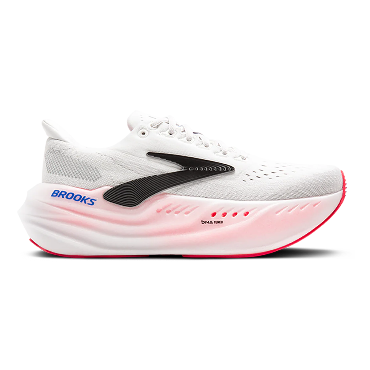 Brooks Glycerin Max running shoe showcasing its high-stack cushioning and engineered mesh upper on a road surface.