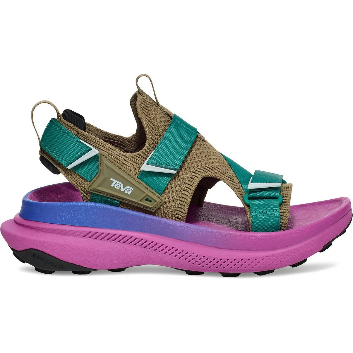 Teva Aventrail trail running sandal in vivid violet, showing adjustable three-point straps, cushioned midsole, and grippy rub