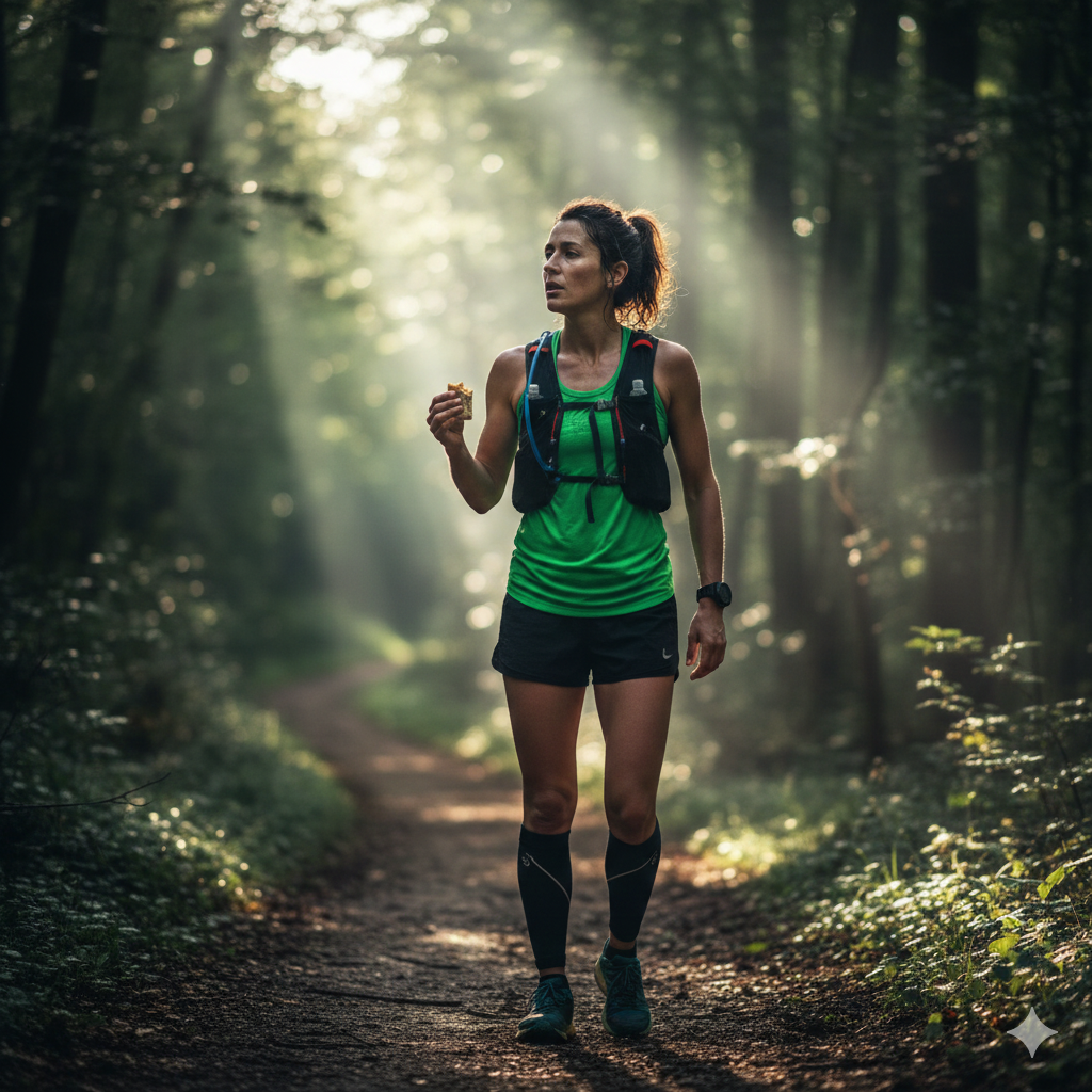 A female runner in a green top and hydration vest eats a snack while walking on a wooded trail, looking tired but determined.