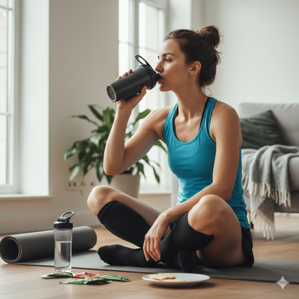 Woman in athletic wear drinking from a shaker after a run, with recovery snacks and water nearby.