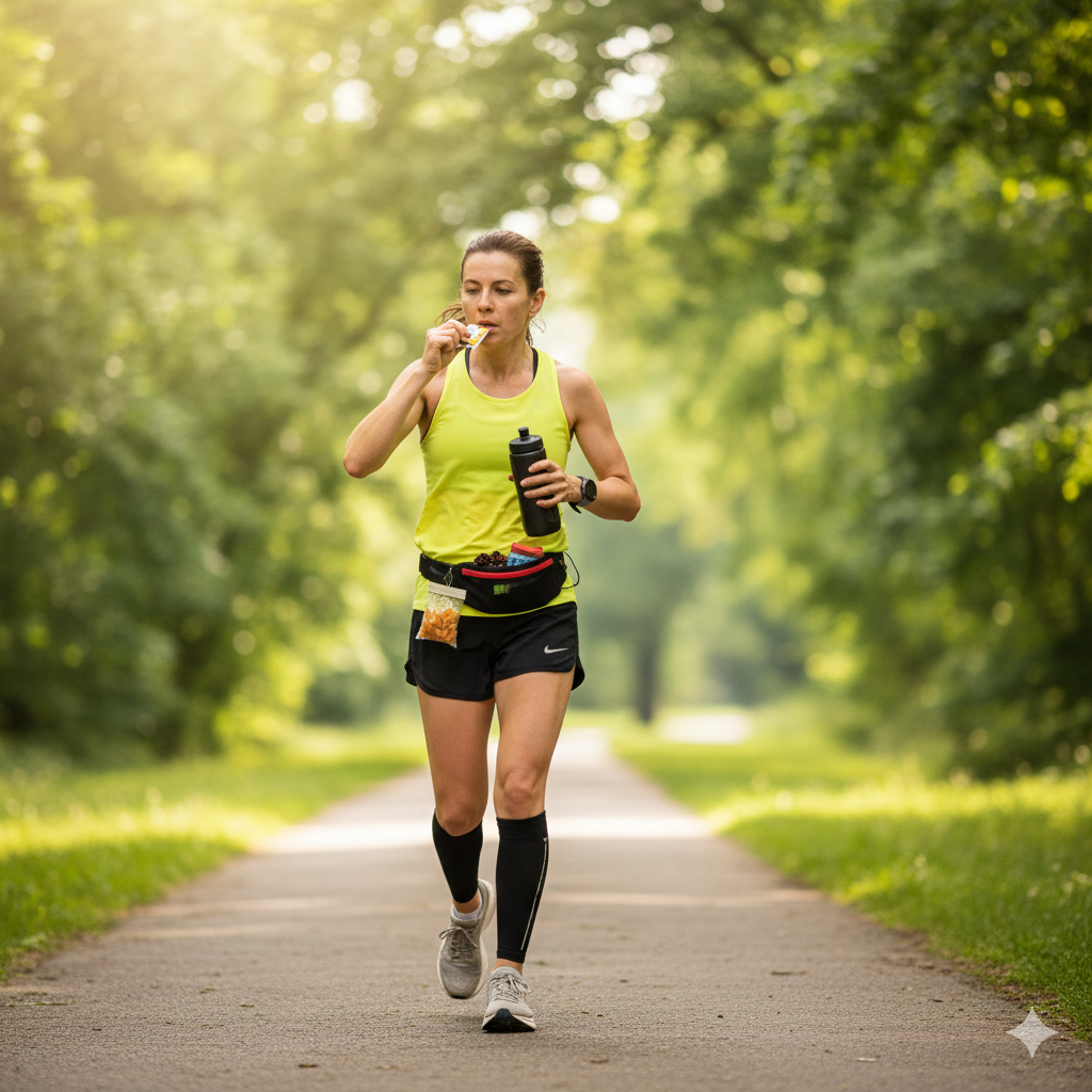 Female runner on a path eating an energy bar and holding a water bottle for intra-run fueling.