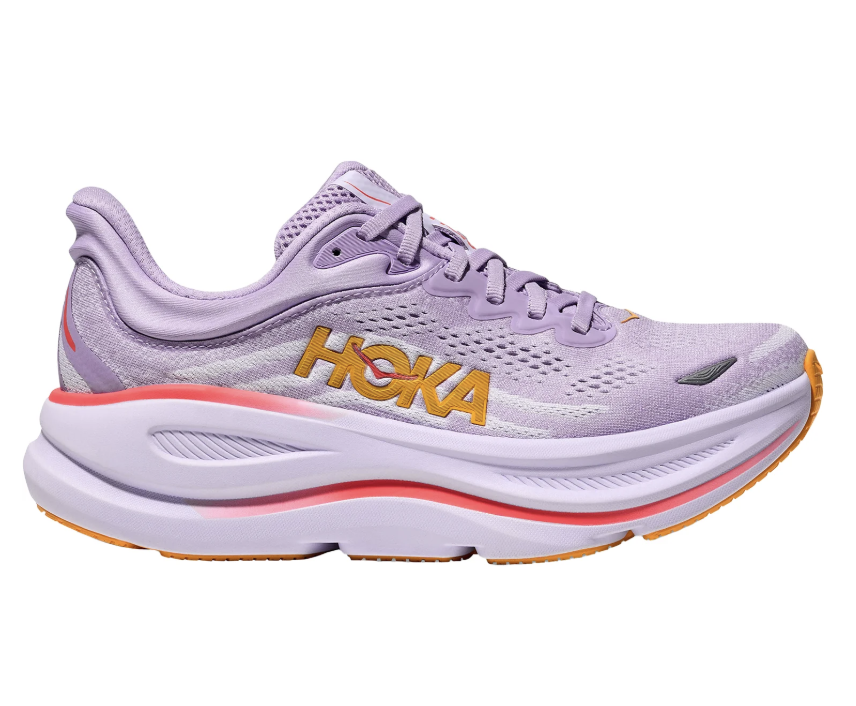 Hoka Bondi 9 running shoe in Starlight Glow colorway showing knit upper, 43 mm stack height, and redesigned heel collar.